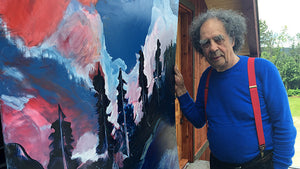 Portrait de Rene Gagnon devant un immense tableau dans son atelier.
